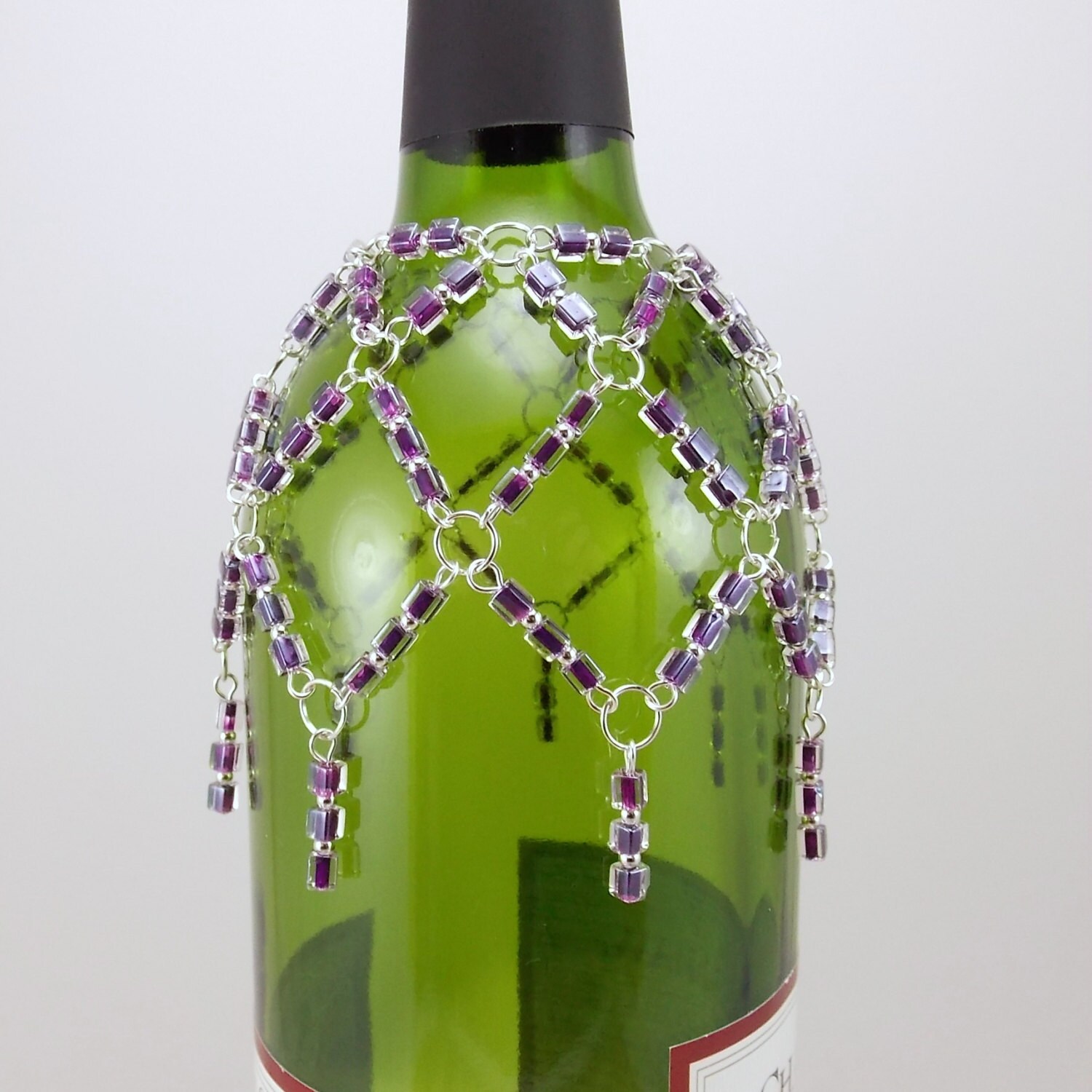 Wine Bottle Necklace Beaded Lace Decor Dark by DeederTheBeader