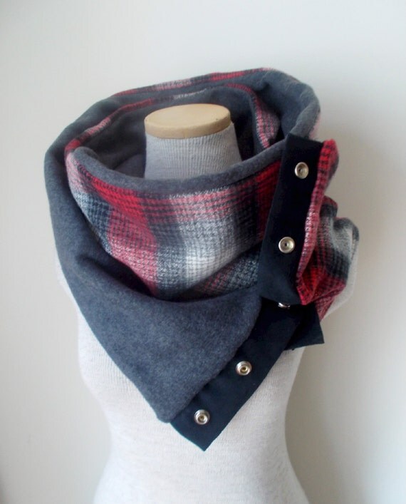 Unisex - Red Grey Black and White Plaid Snap Scarf by MegansMenagerie on Etsy