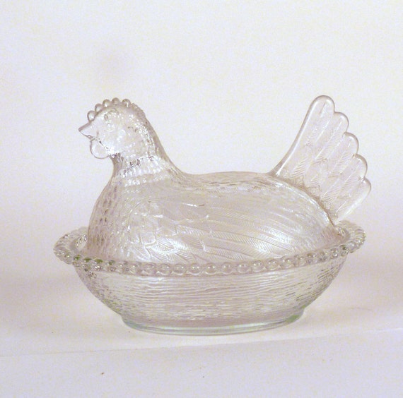Vintage Glass Candy Bowl Chicken Hen Motif Transparent by ByHeart