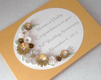 Quilled 50th golden wedding anniversary card, handmade, paper quilling