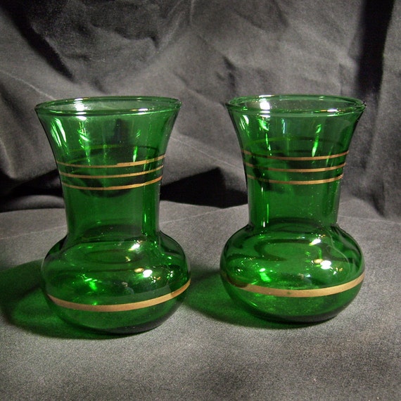 Vintage Green Glass Bud Vases with Gold Bands / Set of 2 1950s