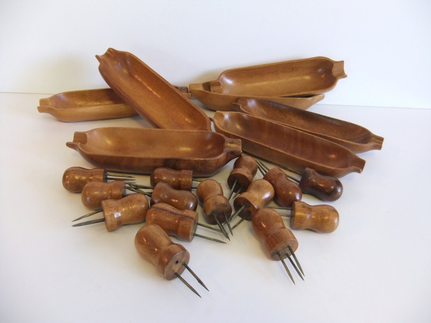 Vintage Wooden Corn Cob Holders and Sticks