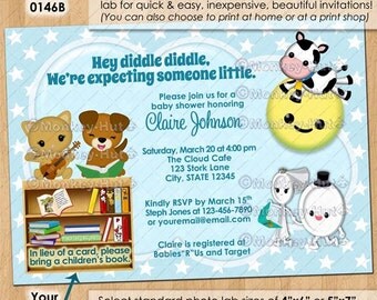Nursery Rhyme Baby Shower Invitations / hey diddle diddle cow jumped over the moon cat dog dish / DIGITAL INVITATION / Design#: ISNU-0146B