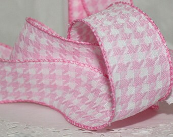 Wired Pink Houndstooth Ribbon, 1.5" wide by the Yard, Pink Ribbon, Wired Pink Ribbon, Pink Trim, Gift Wrapping, Baby Shower, Party Supplies