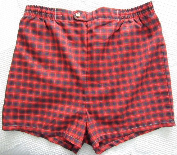 VINTAGE JANTZEN Red TARTAN Plaid Cary Grant Swim Trunks