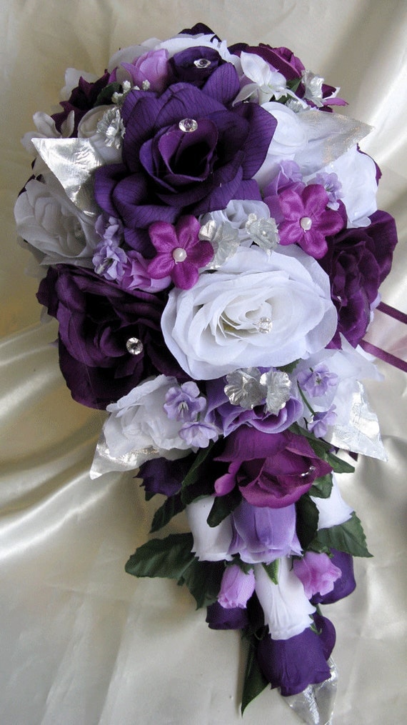 Wedding Bouquet Bridal Silk flowers Cascade PLUM PURPLE SILVER