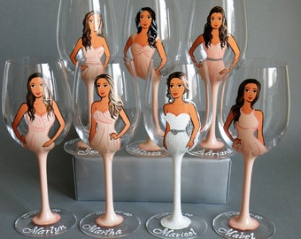 SALE Bridesmaids Gift Bridal shower party Personalized Wine or Champagne glasses Portraits and bridesmaids dresses Gift