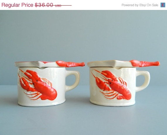 Pair of Vintage Lobster Butter Warmers Red and White