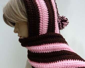 Brown and Pink Hooded Scarf - Pixie Hood - Chocolate and Strawberry - Hat and Scarf Set