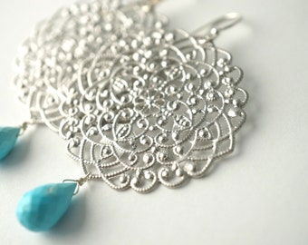 Silver Lace Filigree Dangle Earrings with Turquoise Drop, FIligree Earrings, Silver Turquoise Earrings, Drop Earrings, Lace Earrings