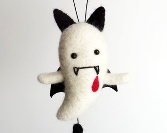 Vampire Halloween figurines : needle felted ghost plush ornament, cute goth kawaii decor
