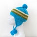 Knit Blue Hat, Striped Ear flap, Ski Hat, Snowboarding Funky Beanie with Pom Pom