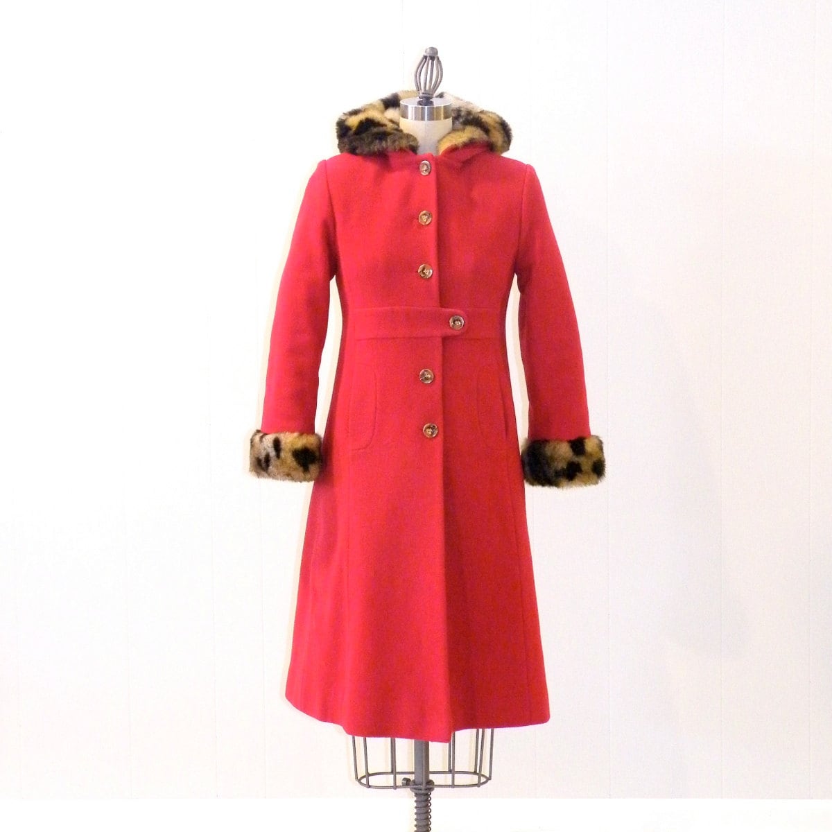 Vintage Red Wool & Faux Leopard Fur Coat Hooded Fur Trim