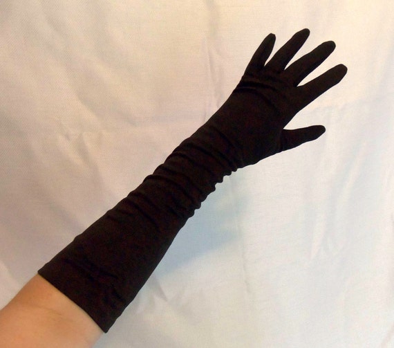 Long Black Dress Gloves. Size Small. Elbow Length. Ruched