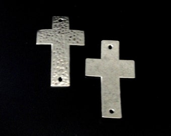 Silver Cross Connector - Hammered Cross Curver - Sideways Bracelet Link Focal - 2 Hole Cross Charm Pewter - 3 Pcs - Jewelry Supplies in Bulk