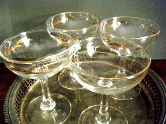 Coupe Champagne Glasses, Set of 3, 18K Gold w Gold Rims, Clear Glass 