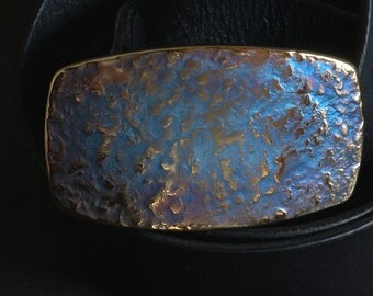 Hand Forged Blue Gold Belt Buckle Signed Original Rodeo Cowboy Hypoallergenic Buckle Textured Stainless Steel Fits 1.5" Belt for Blue Jeans
