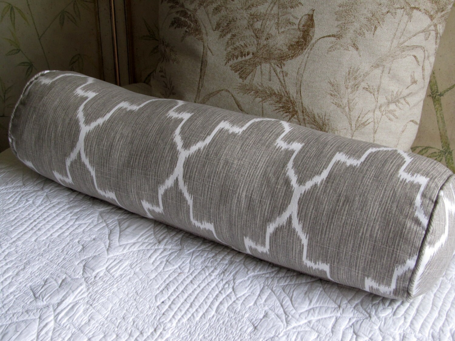 Ikat Linen/Gray on white Long Bolster Pillow 7x27