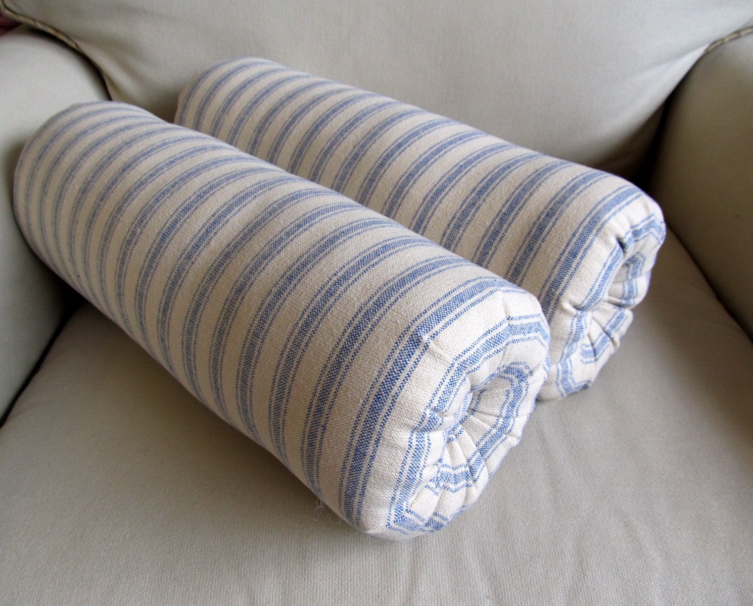 PAIR grain sack French Country stripes lumbar Bolster pillows