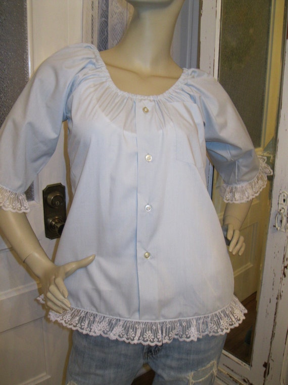 Items similar to Pale Blue Upcycled Mens Shirt with Lace Womens Small ...