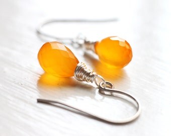 Bright Orange Chalcedony Teardrop Earrings, Bridesmaid Jewelry for Fall Weddings - Pumpkin Patch