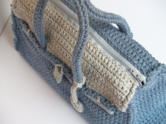 Blue and Grey crochet Birkin bag handmade bicolor purse with