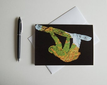 SALE - Three Toed Sloth // South America Map 5x7 Greeting Card // Ready to Frame