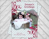 Printable christmas photo card - seafoam and red holiday card - unique - diagonal stripes with flourish - digital file (457) Il_170x135