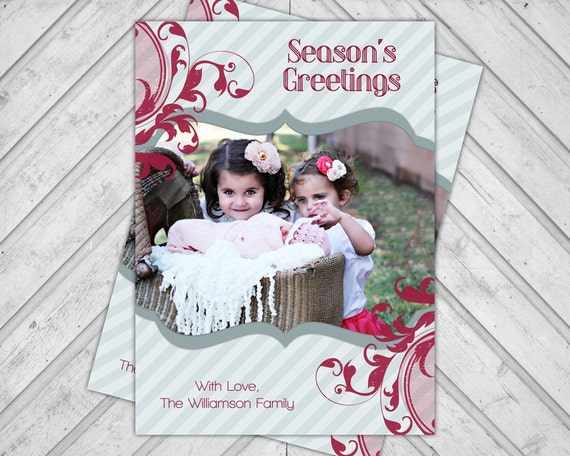 Printable christmas photo card - seafoam and red holiday card - unique - diagonal stripes with flourish - digital file (457) Il_570xn