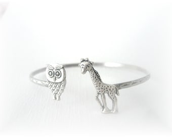 Giraffe bracelet wrap style with an owl, animal bracelet, charm bracelet, bangle