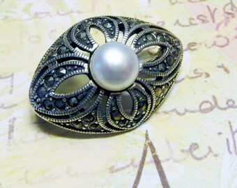 Gorgeous Italian Sterling Silver Filigree Marcasite and Pearl Brooch ...