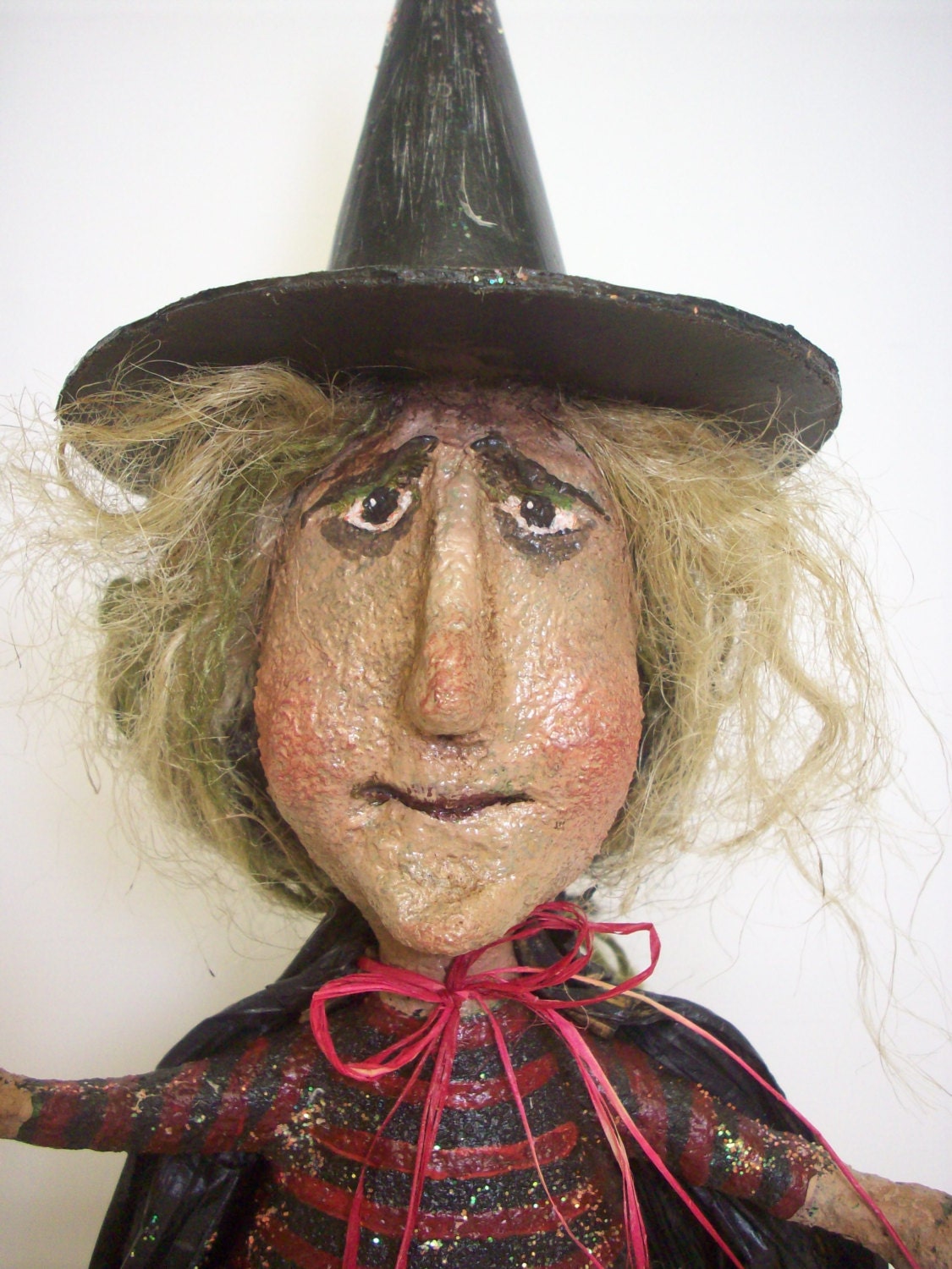 Primtive Folk Art Papier Mache Witch with Six Pumpkins