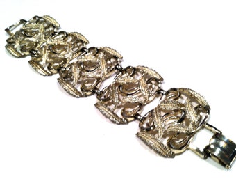 ART Nouveau Wide Chunky Panel Nature Leave Swirls Link Bracelet Runway Vintage Jewelry artedellamoda