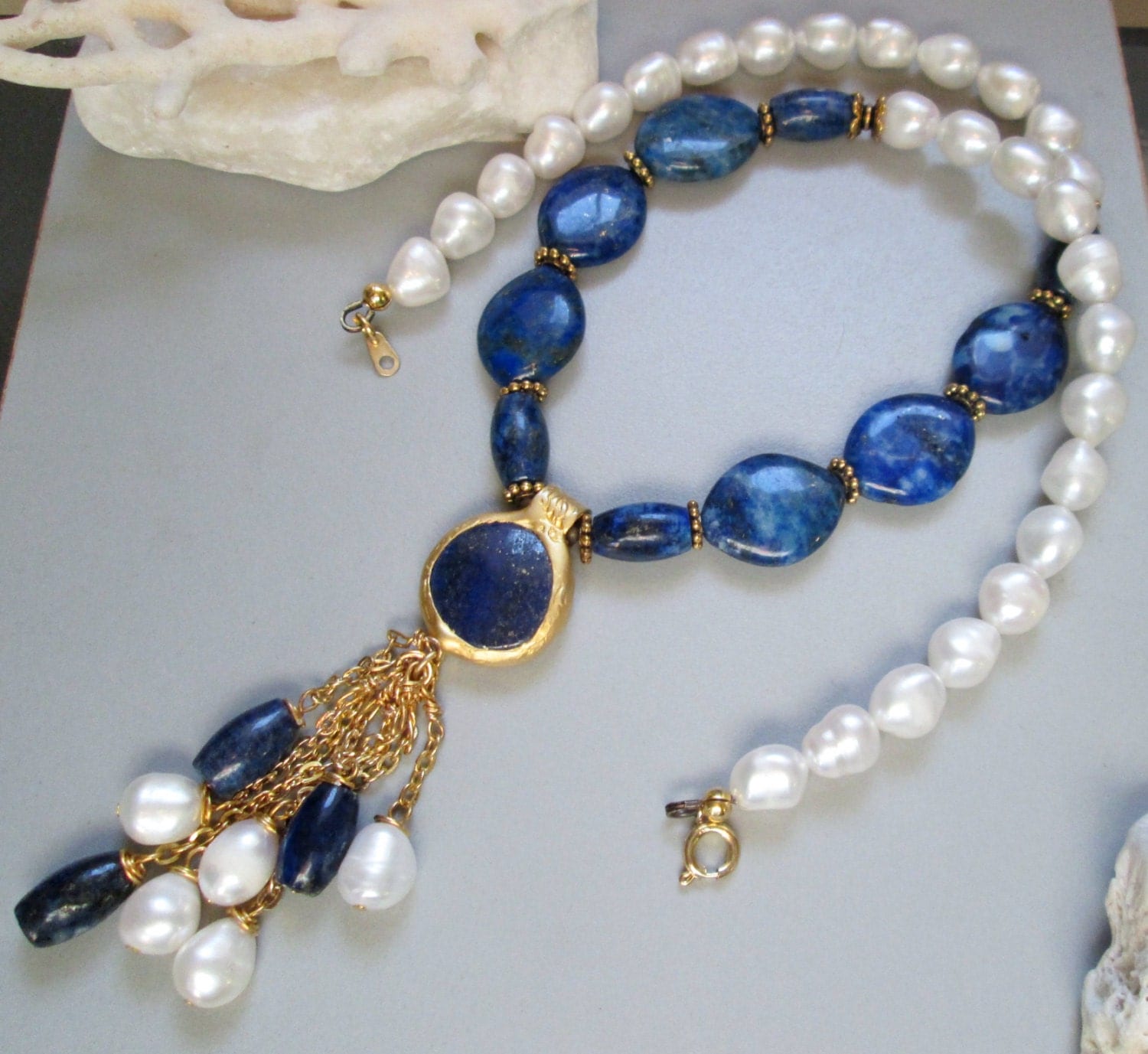 Lapis Lazuli Freshwater Pearl gold plated Pendant Necklace