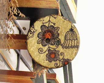 Flower Wooden Buttons - Birdcage and Flowers Coconut Buttons 1 inch . 6 in a set