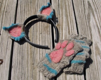 Cheshire Cat Costume Ears and Paws Set - Needle Felt Ear Headband - Knit Fingerless Gloves with Needle Felted Detail