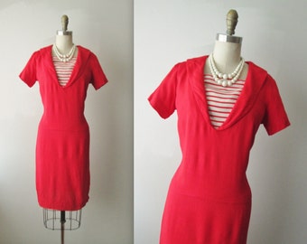 60's Sailor Dress // Vintage 1960's Red Linen Sailor Mad Men Sheath Dress M