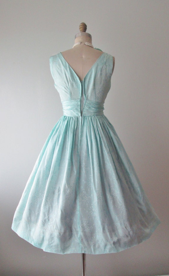 50's Dress // Vintage 1950's Pale Blue Brocade Full