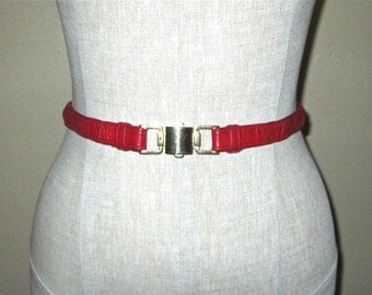 Vintage 80s skinny belt RED LEATHER braided with gold buckle - M