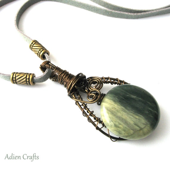Green Gemstone Pendant Bronze Wire Wrapped Ocean by adiencrafts