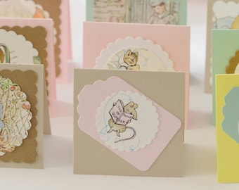 Beatrix Potter Upcycled Small Cards for Easter Baskets, Holiday Kraft Mini Cards, Small Woodlands Creature Cards