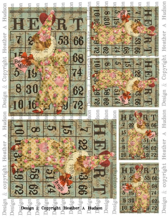 Victorian Vintage Shabby Roses  Valentine's  Clown Bingo Card Focals ATC Digital Collage sheet Printable