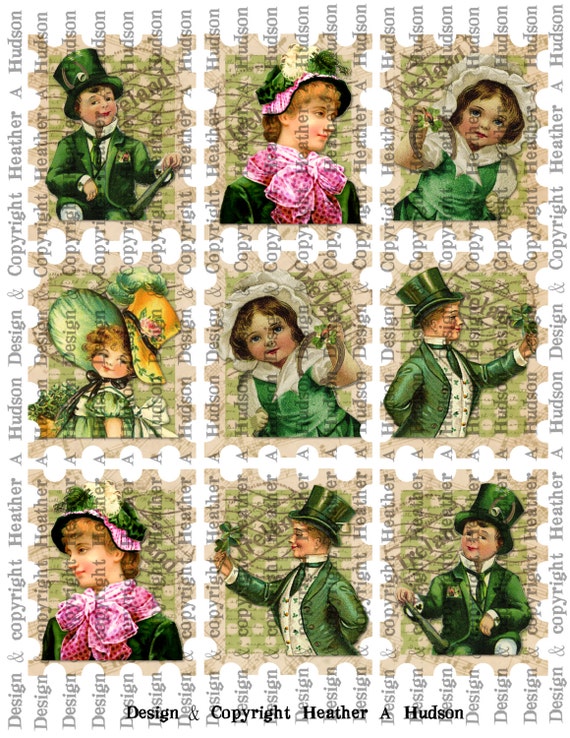 Victorian Light Vintage Green St. Patrick's Day Stamps Tags  Digital Collage sheet Printable