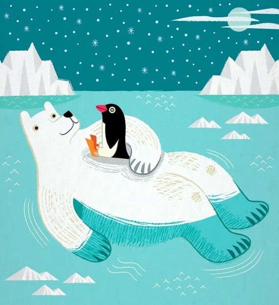 Hitching A Ride - Polar Bear - Penguin - Animal Art - Children's art - Children's Decor - Limited Edition Art Poster Print