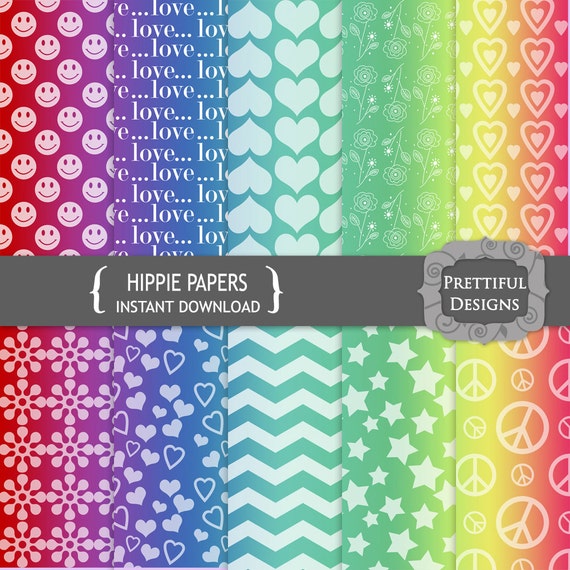 Hippie Digital Rainbow Paper Pack Peace Sign Flowers Chevron Smiley Face - Personal and Commercial Use - Hippie (752)