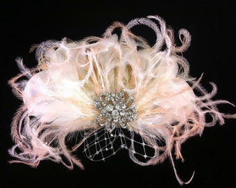 Bridal Feather Hair Clip with Brooch, Bridal Fascinator, Feather Fascinator, Fascinator, Bridal Veil, Ivory and Blush
