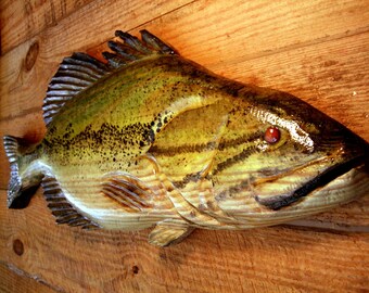 Large Mouth Bass 34" chainsaw wood carving sport fishing sculpture taxidermy fish decor wall mount rustic home decor Todd Lynd original art