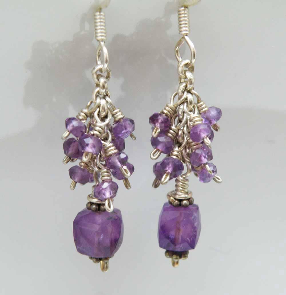 Purple Amethyst gemstone earrings Sterling silver Wire wrapped