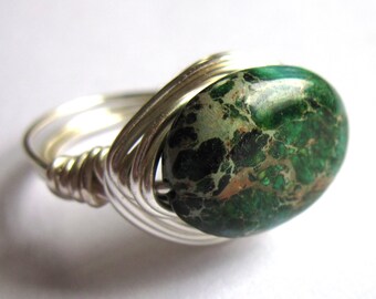 Sea Sediment Jasper Ring Green Wire Wrapped Stone Fashion Jewelry