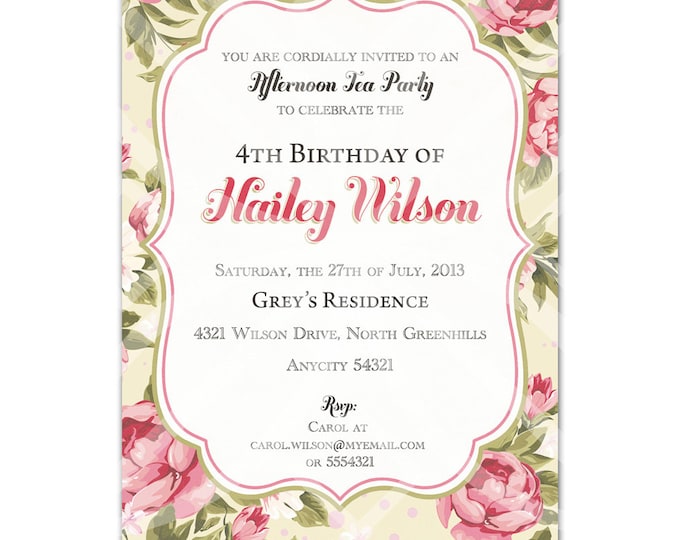 Shabby Chic Rose Floral Tea Party Food Tent Card, I will customize for you, Print your own